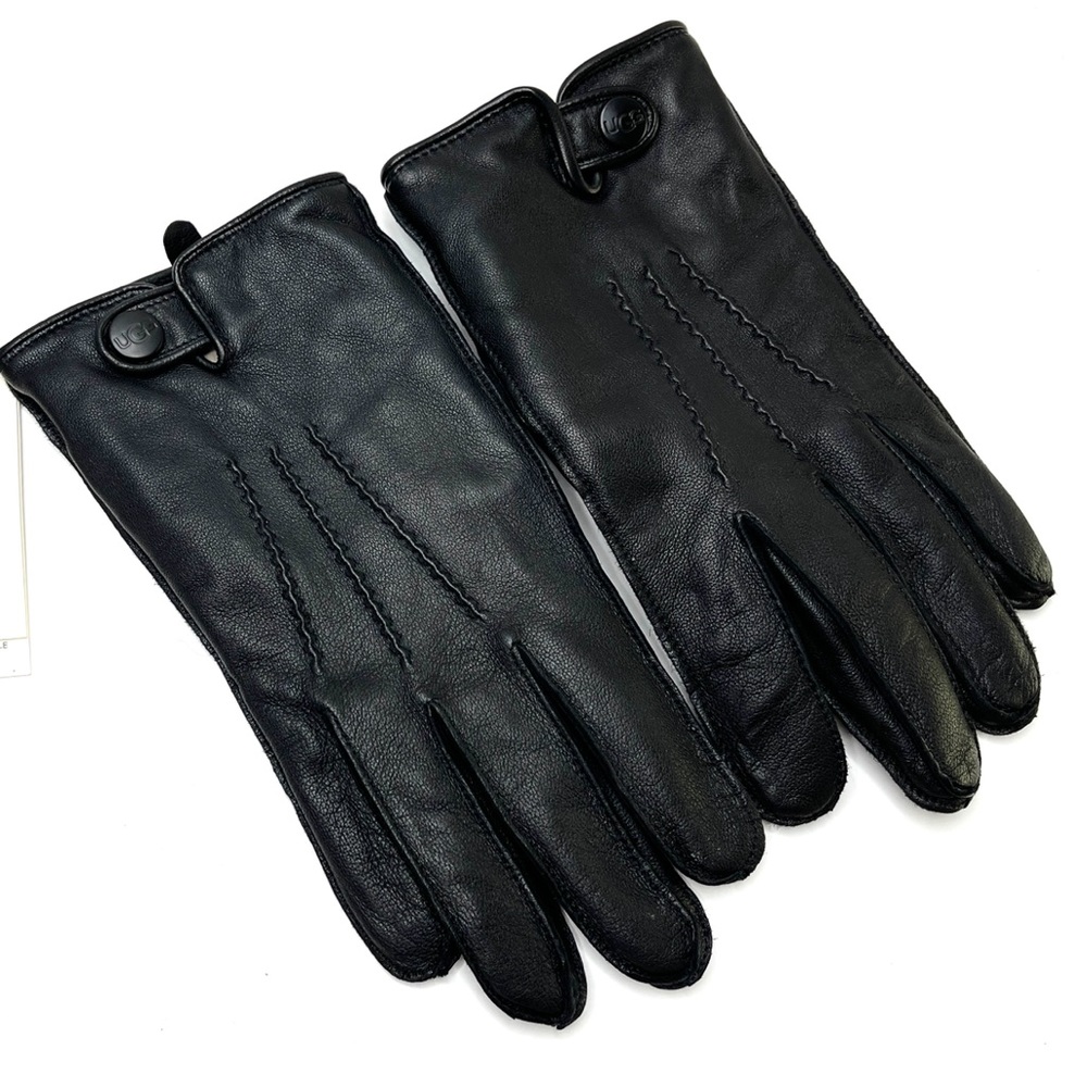 UGG Black Leather Tabbed Vent Tech Soft Stretch Gloves NEW Size L